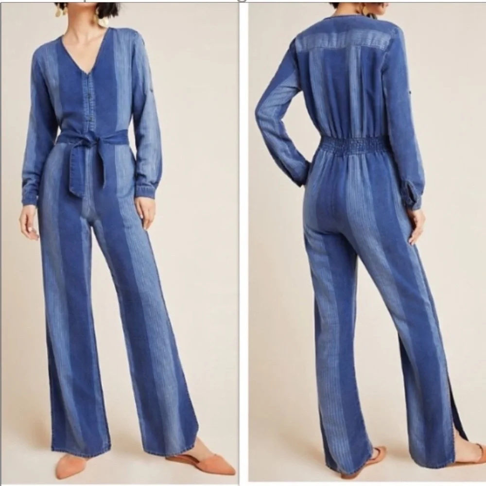 Anthropologie Cloth & Stone Laney Chambray Jumpsuit Striped Pants Jumpsuit XL - Picture 14 of 14